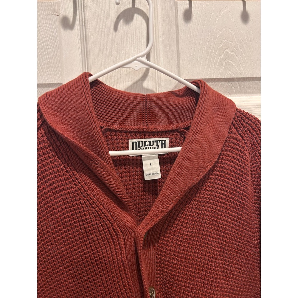 Duluth Mens Large Burly Retirement Rust Red Shawl Collar Waffle Knit Cardigan - Picture 4 of 6